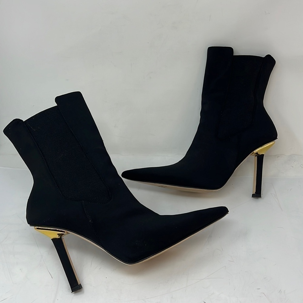 Good American Sz 9.5 Elastic and Satin Pull On Gold Heel Base Booties Boots